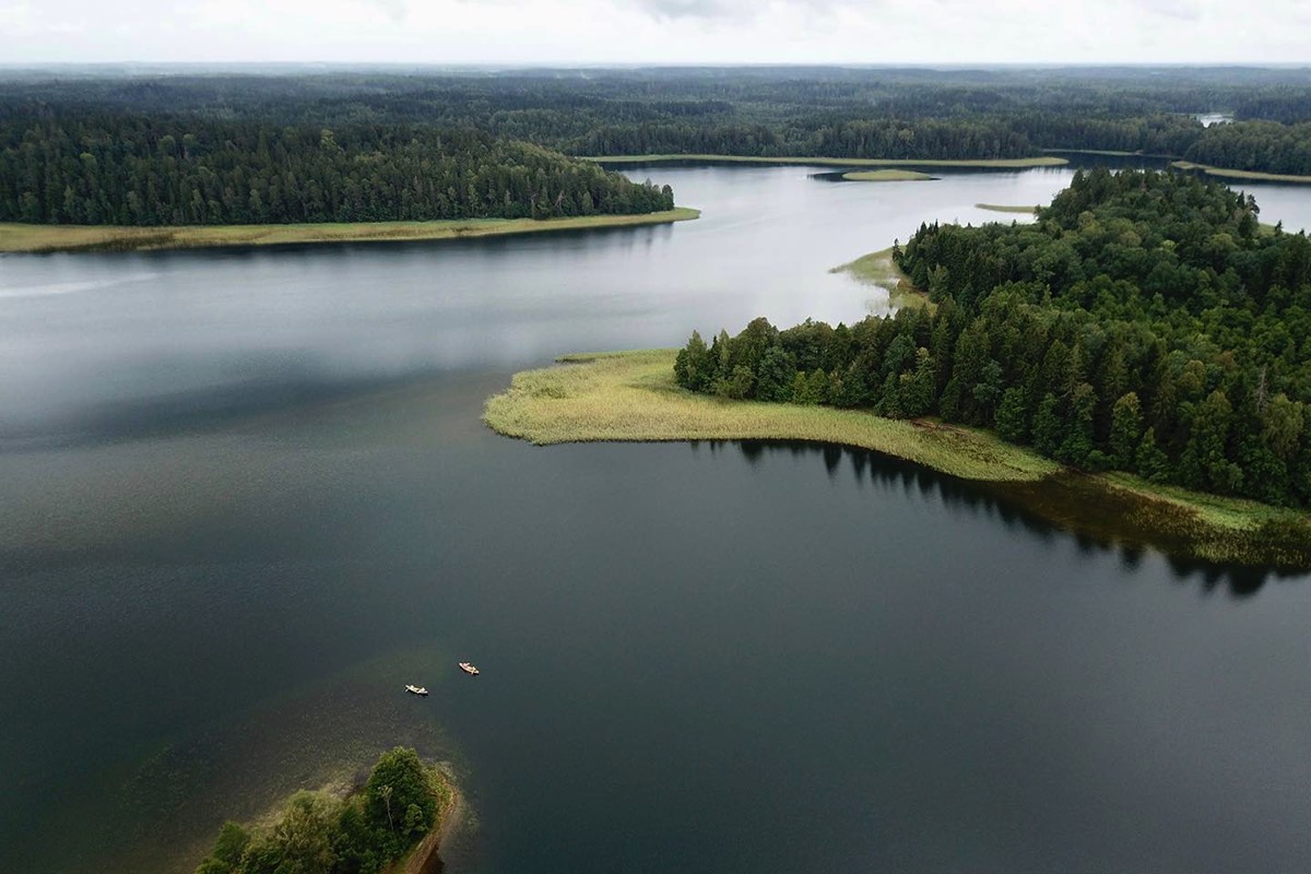 Drone picture of lake Plateliai during canoe tour